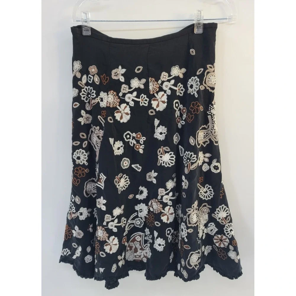Whimsigoth Asymmetrical Embroidered Floral Women Skirt 8‎ 100% Silk Boho Crochet